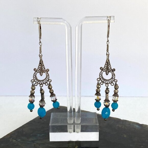 Sterling Silver 925 Blue Glass Beaded Filigree Fringe Chandelier Dangle Earrings - Picture 2 of 15